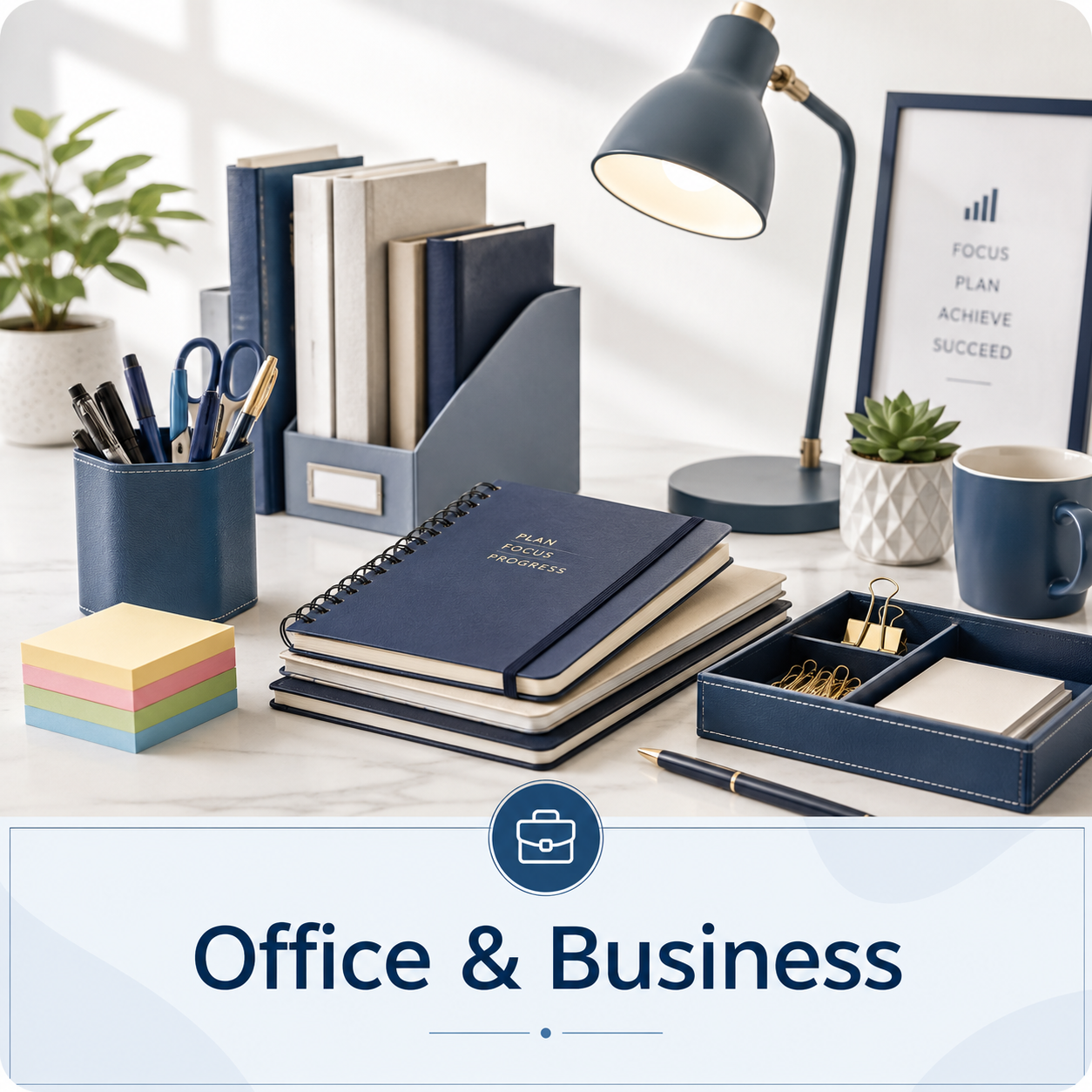 Office and business essentials including stationery, desk accessories and work supplies
