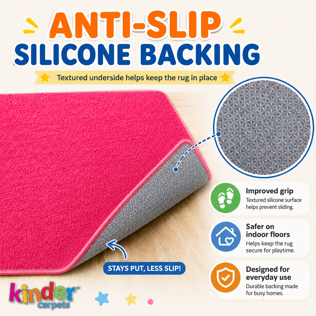 Anti-slip backing on kids rug for indoor floors