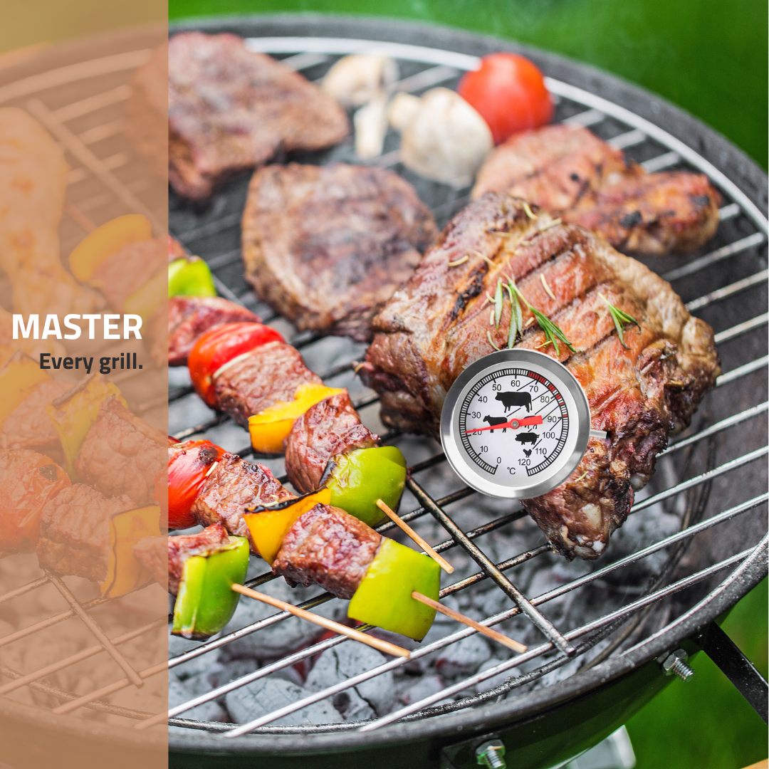 Meat thermometer probe being used on BBQ meat