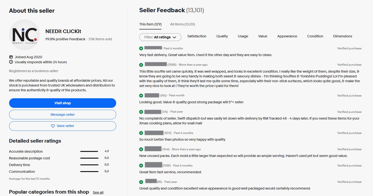 Snapshot of ebay customer reviews of dariole baking moulds