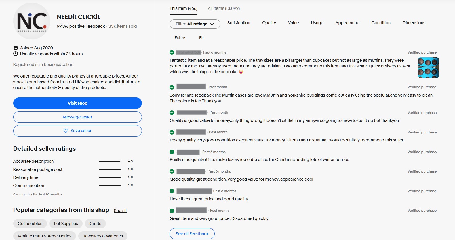 Snapshot of ebay customer reviews for silicone muffin trays. 