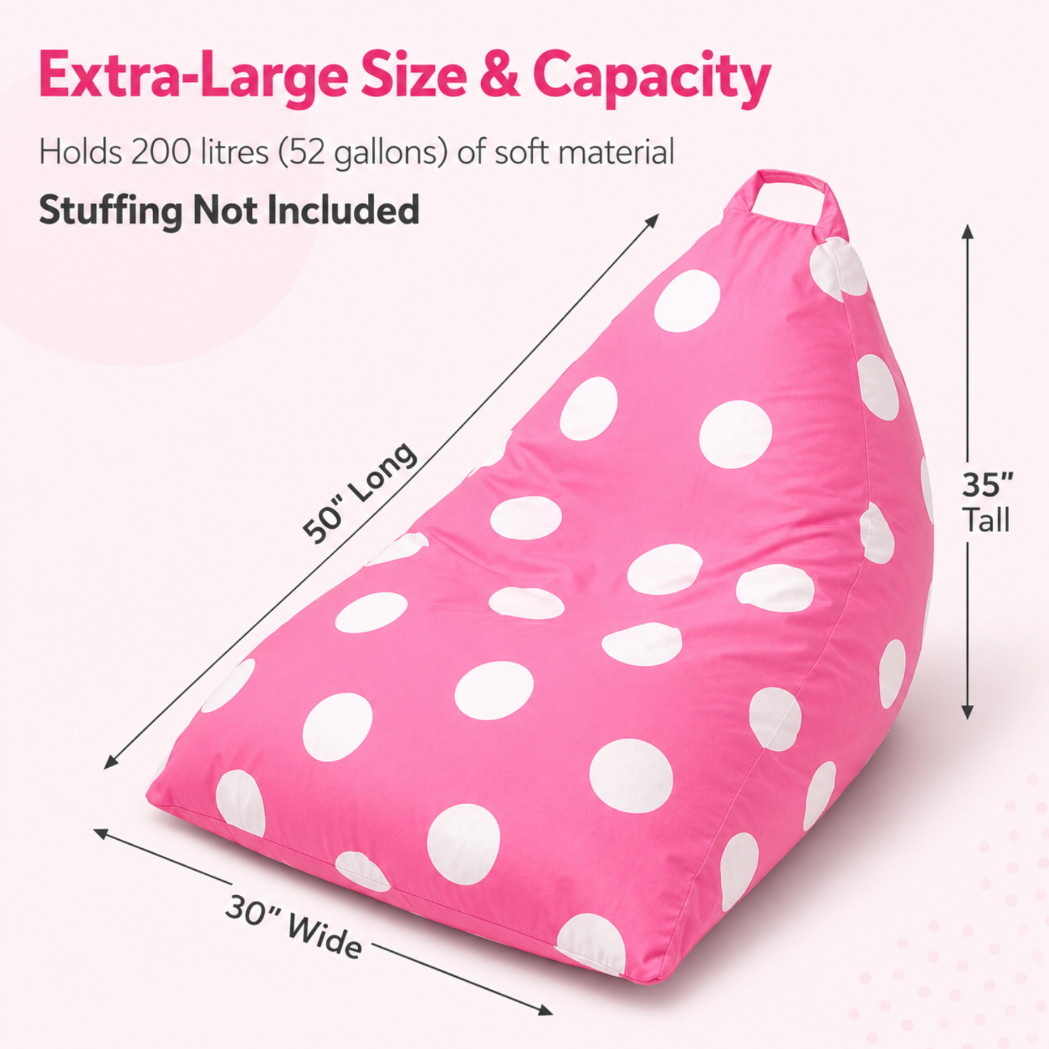 Extra large kids bean bag cover showing 50 inch length 30 inch width and 35 inch height