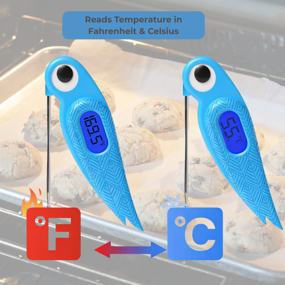Digital food thermometer with Celsius and Fahrenheit temperature display