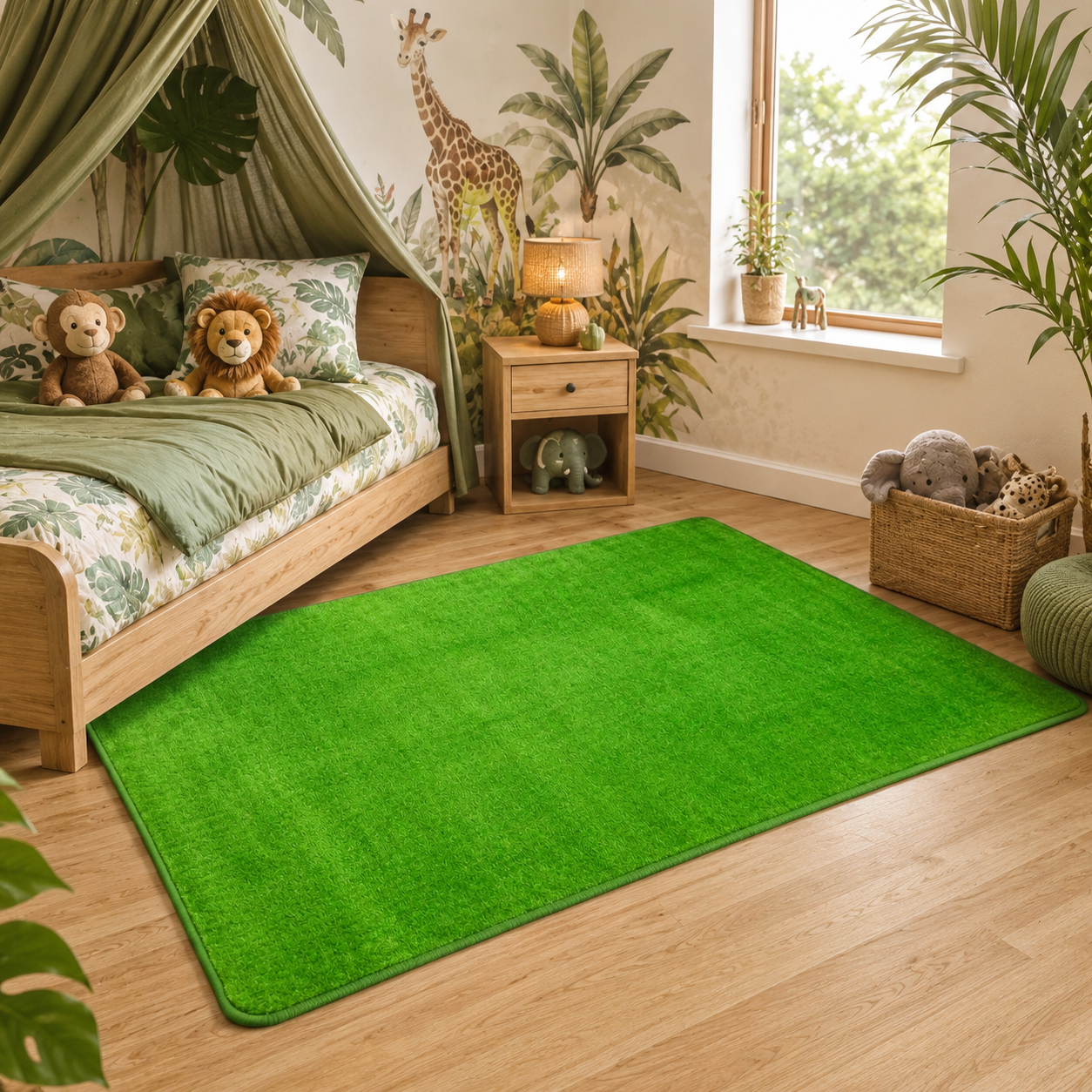 Green kids rug in a jungle themed child’s bedroom