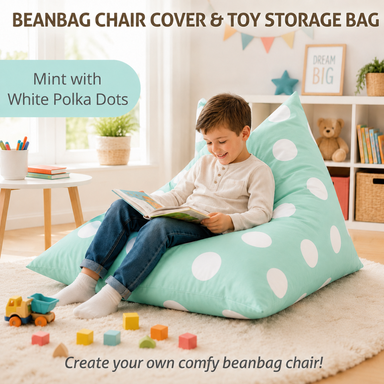 Green polka dot bean bag covers in kids bedroom