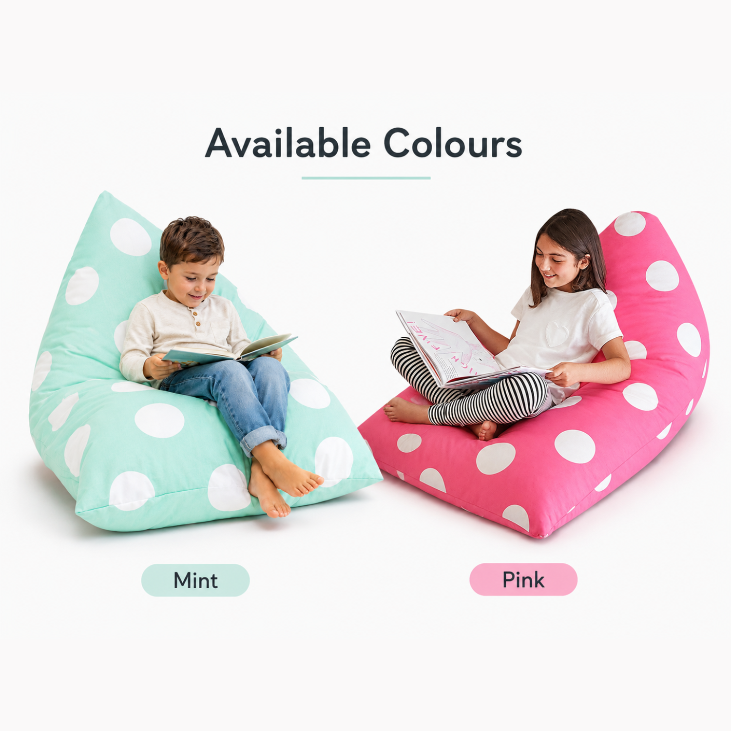 Kids bean bag covers available in two colours, pink and mint green