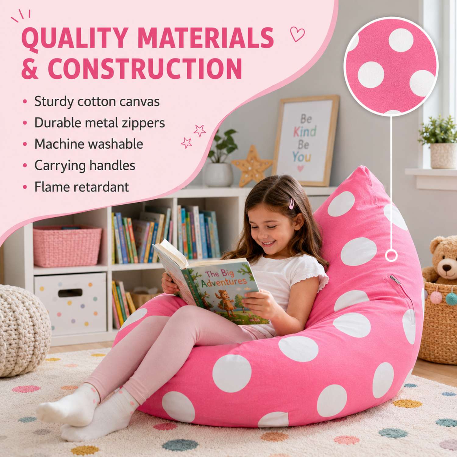 Kids bean bag cover made from cotton canvas with mental zip.