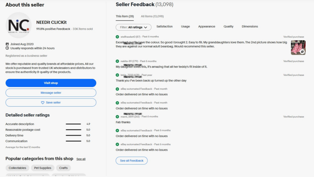 Snapshot of customer feedback for kids bean bag cover from our eBay store.