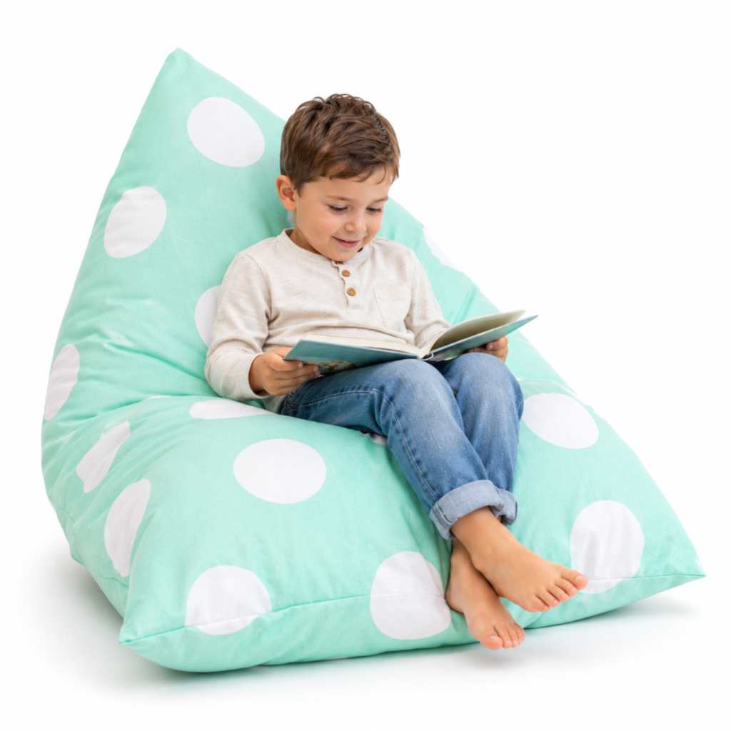 kids bean bag cover in mint green used as a reading chair