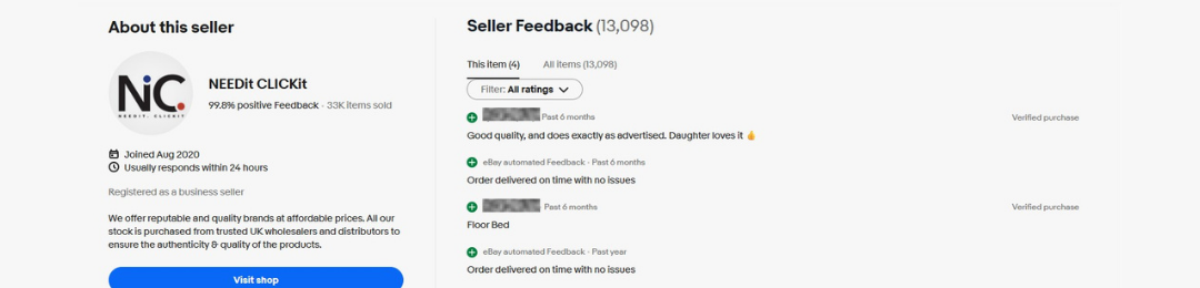 Snapshot showing customer feedback from ebay store.
