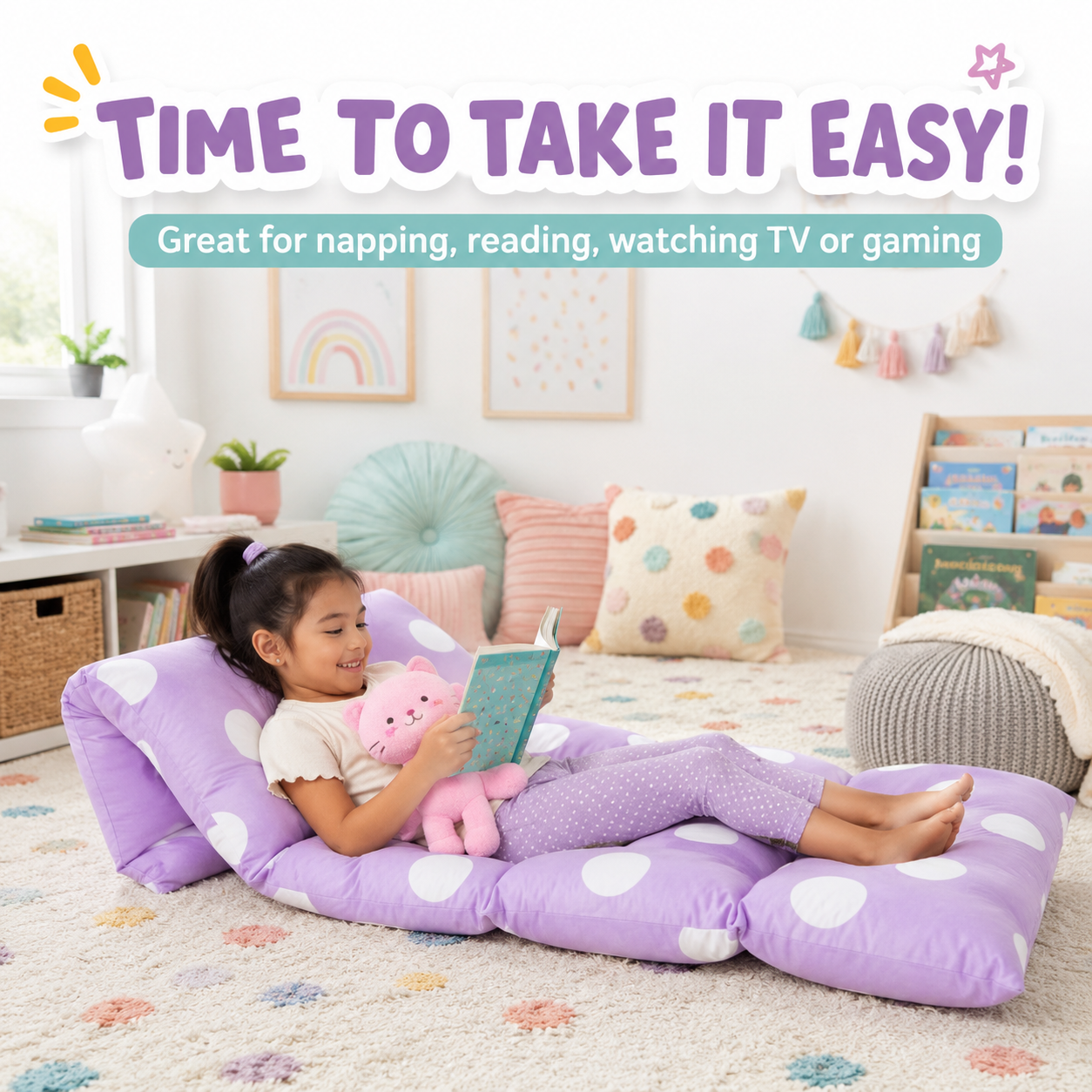 Child reading on a purple polka dot floor lounger cover in a cosy bedroom
