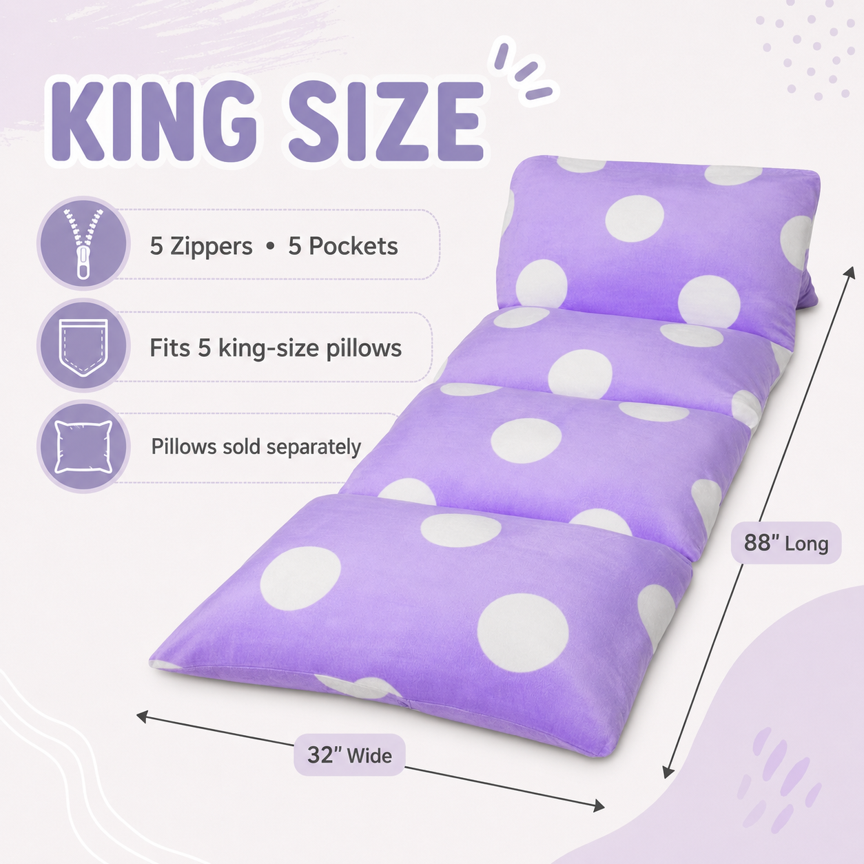 King size purple floor lounger cover with 88 inch length and 32 inch width dimensions