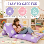 Machine washable purple floor lounger cover with care instructions including hang to dry and no bleach