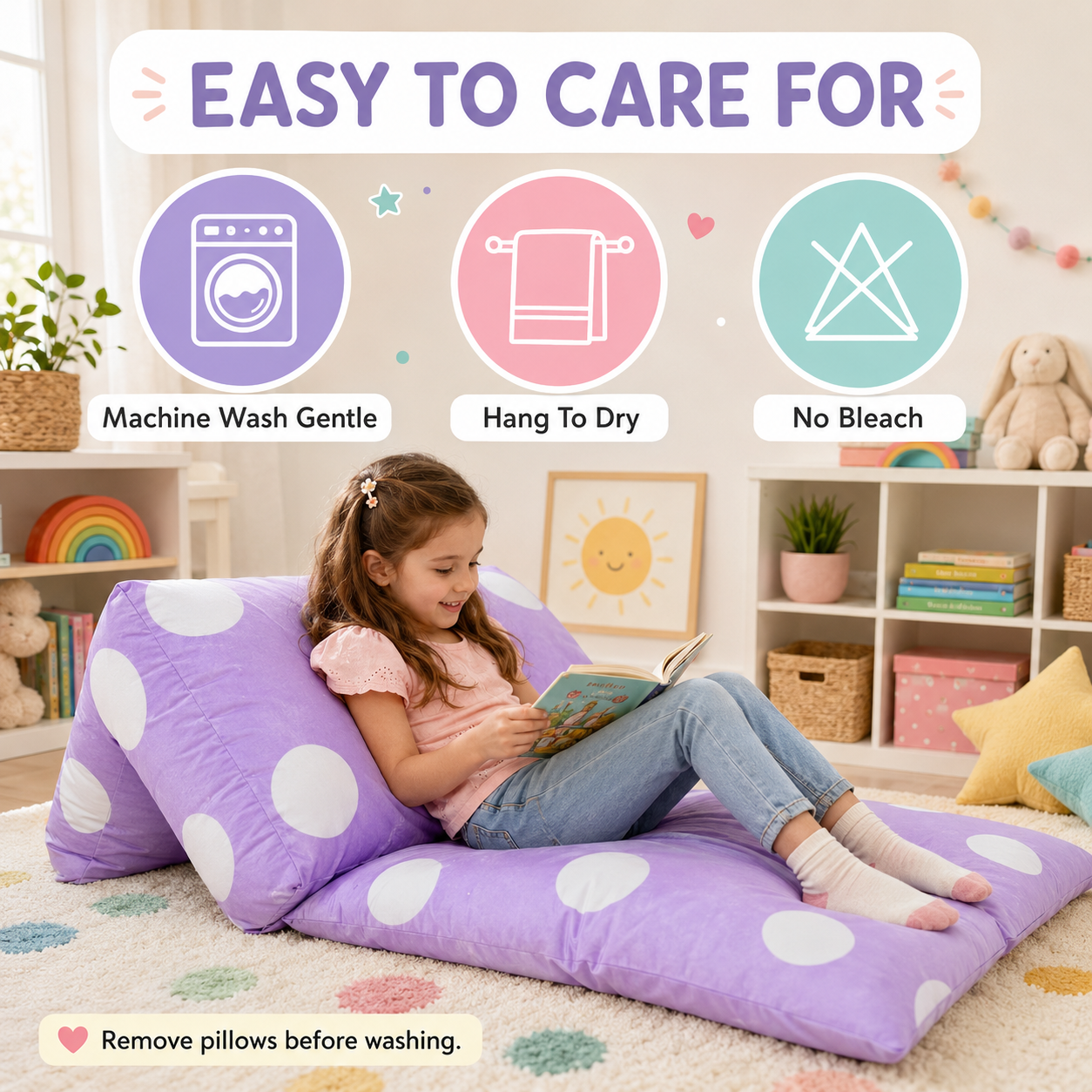 Machine washable purple floor lounger cover with care instructions including hang to dry and no bleach