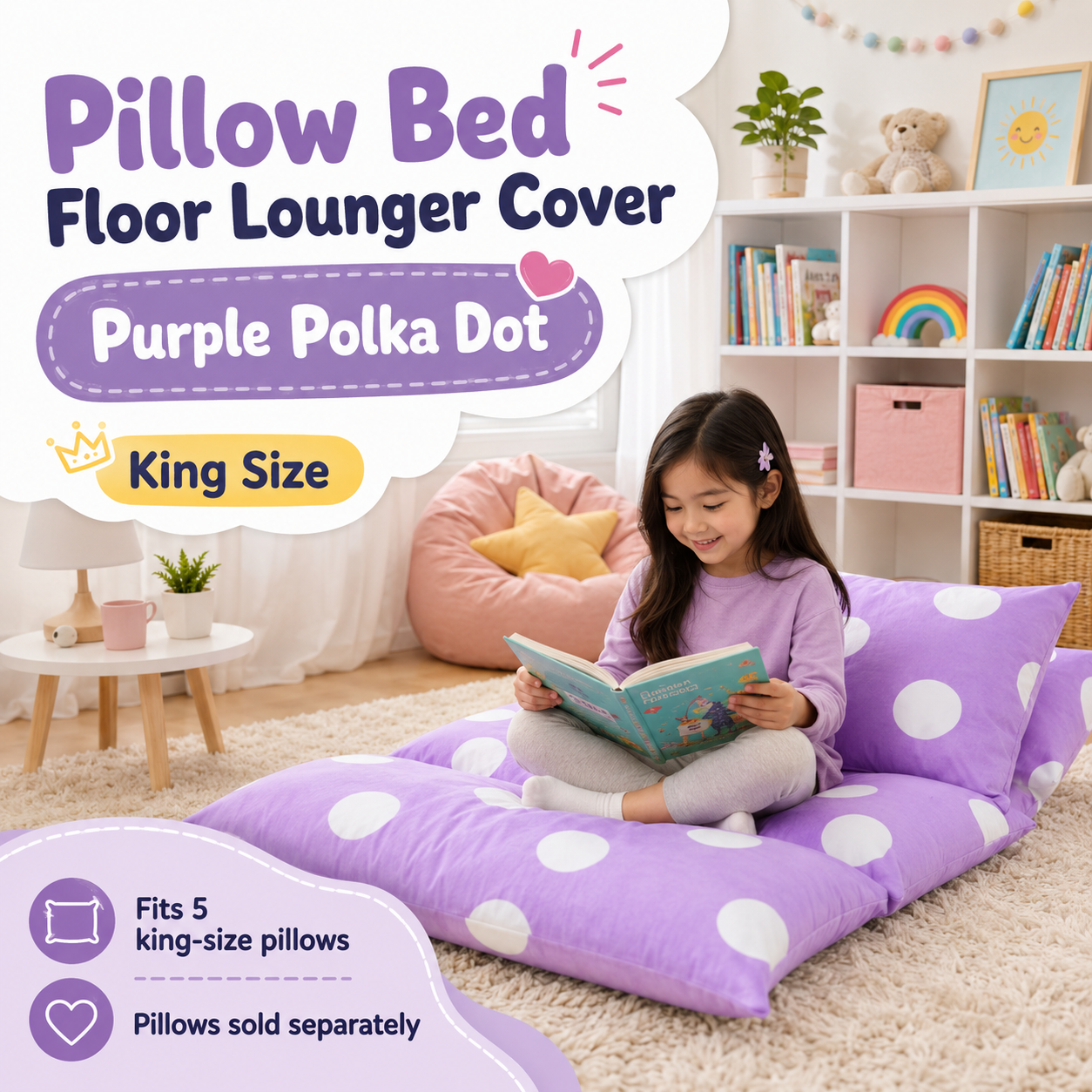 Purple floor lounger cover with 5 pockets designed to fit 5 king size pillows