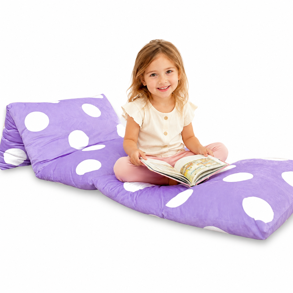 Purple polka dot kids floor lounger cover in king size, ideal for reading, relaxing and playrooms