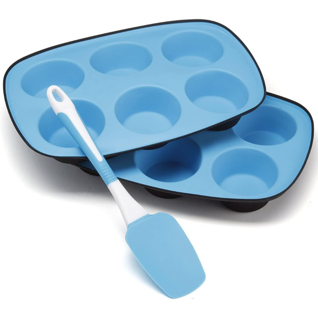 Silicone muffin tray pack of 2 with spatula on white background