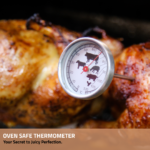 Stainless steel meat probe inserted into cooked meat