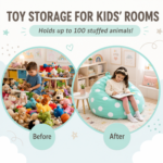 Stuffed animal storage bean bag shown for its use as a teddy storage.