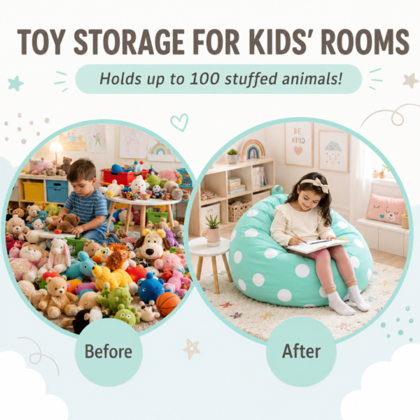 Stuffed animal storage bean bag shown for its use as a teddy storage.