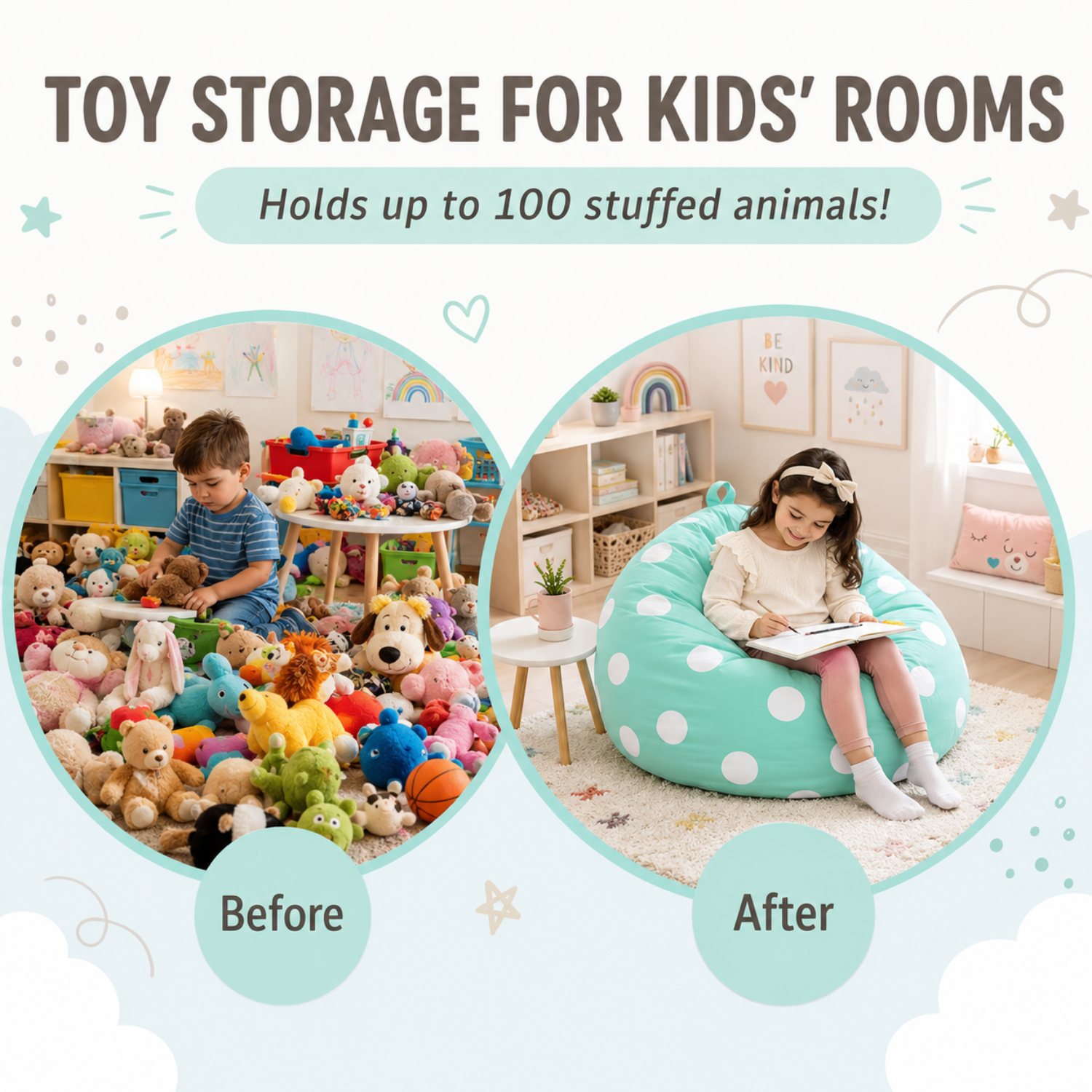 Stuffed animal storage bean bag shown for its use as a teddy storage.