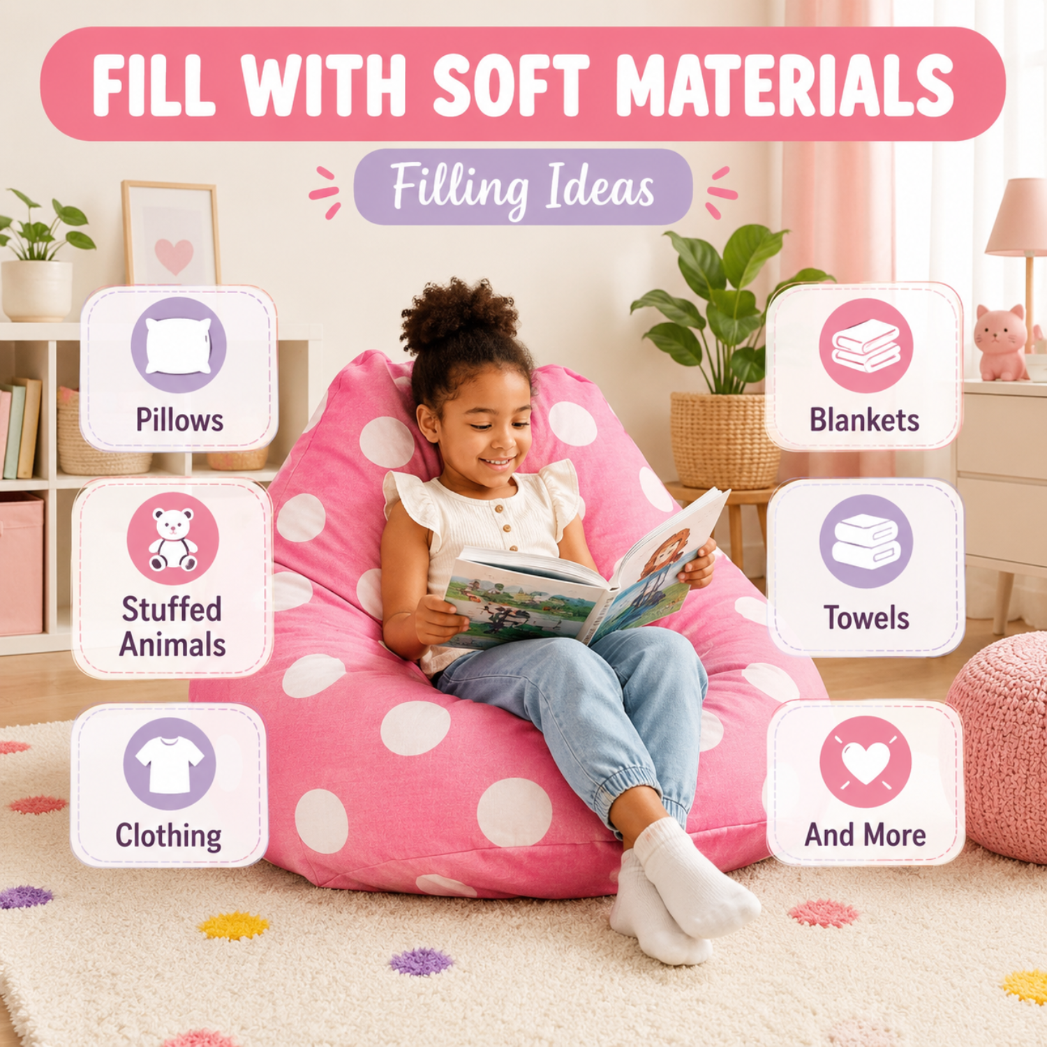 Soft toys and blankets can be used to fill the kids bean bag cover as well as pillows or blankets