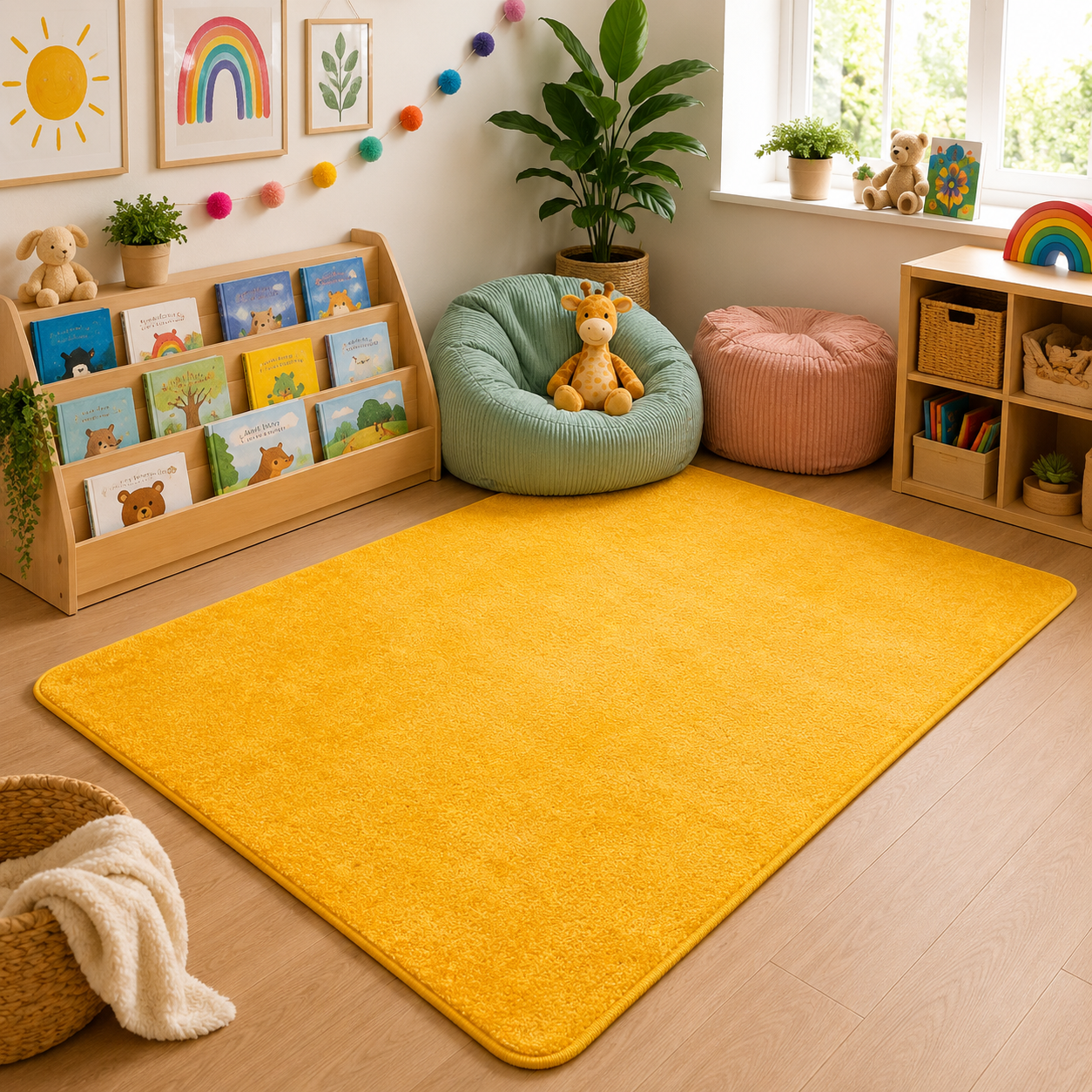 Yellow classroom rug in a reading corner