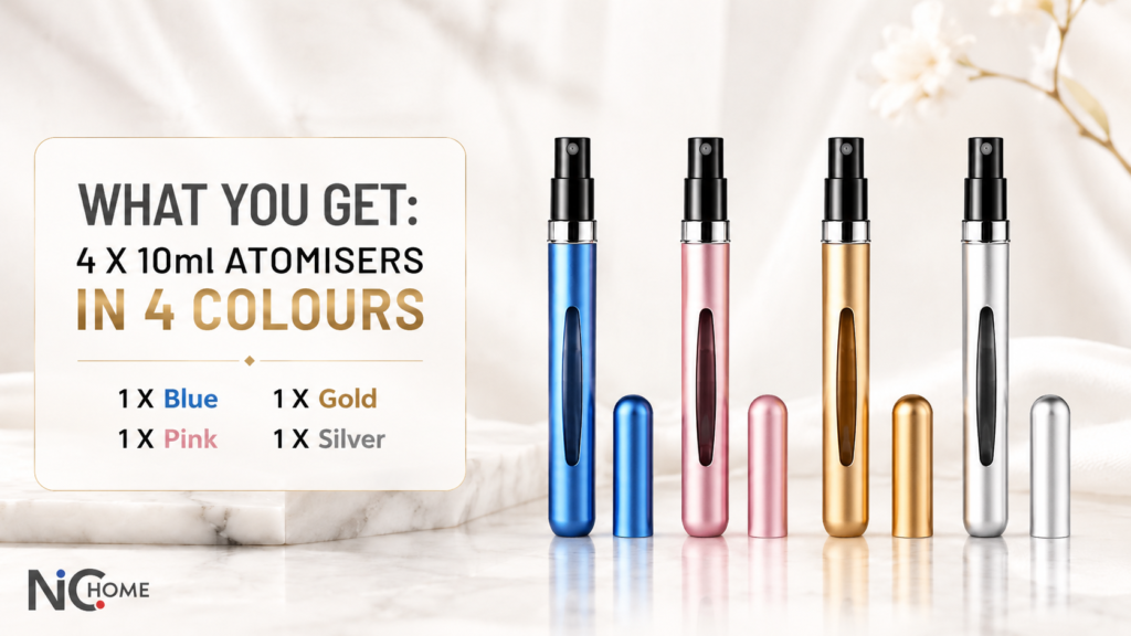 4 perfume atomisers are included in the purchase blue, pink, gold and silver.