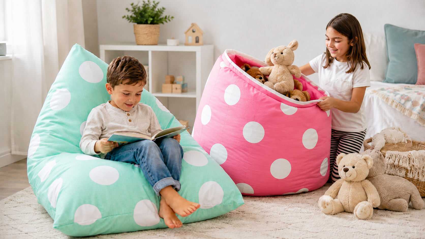 Bean bag cover for soft toy storage in pink and green polka dot designs