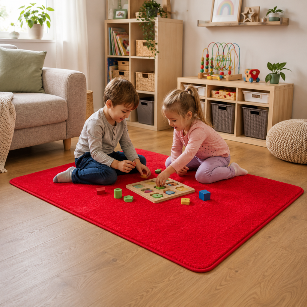 Children playing on a kids rug at childminders home.