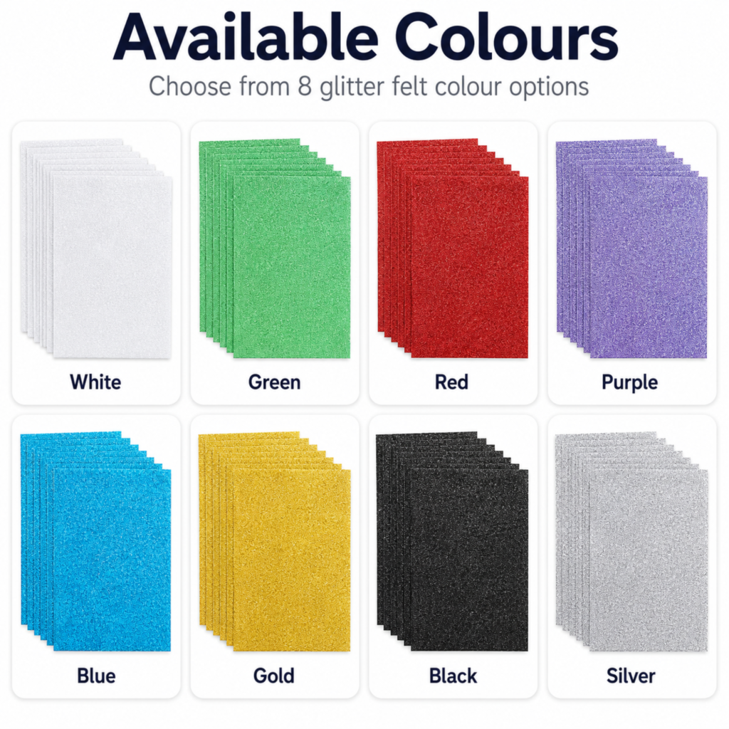 Coloured glitter felt sheets available in blue gold red purple and more