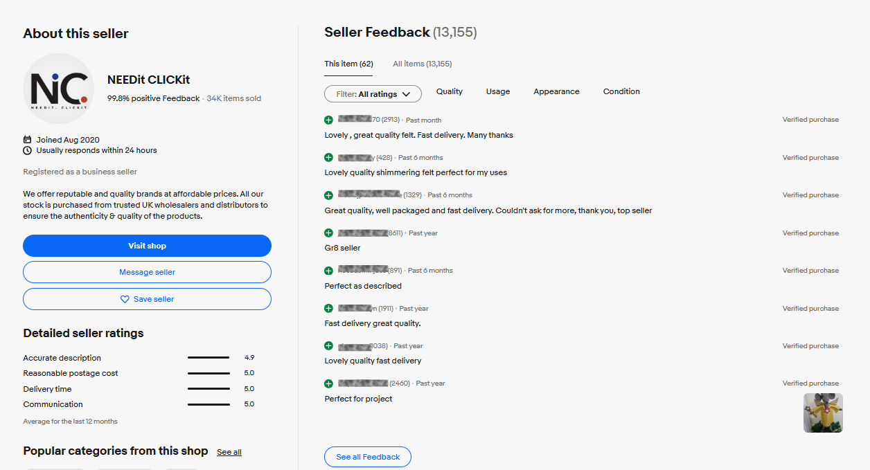 A snapshot of eBay customer reviews for Glitter Felt Sheets