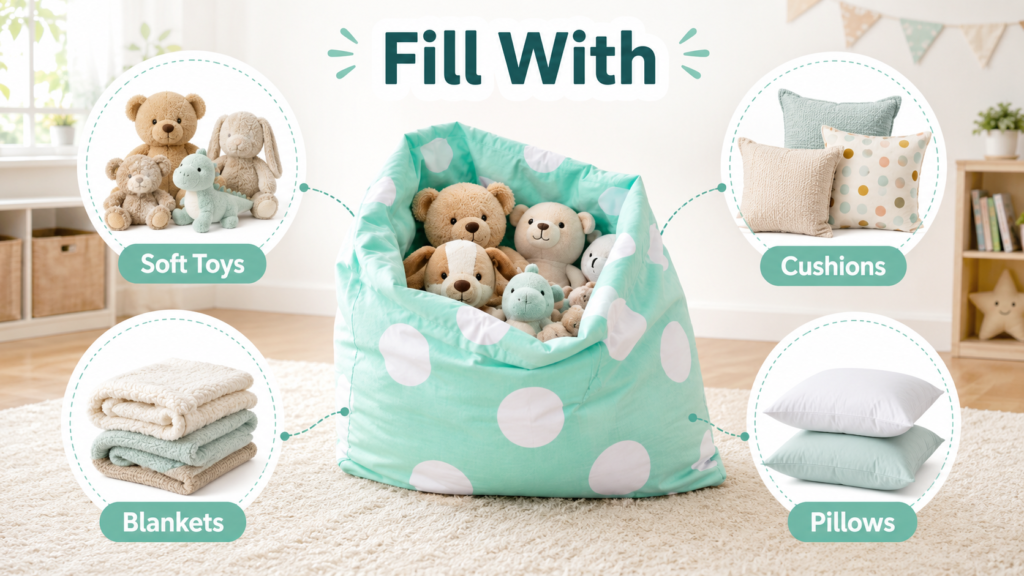 Soft toy storage bean bag cover filled with teddies in a kids bedroom