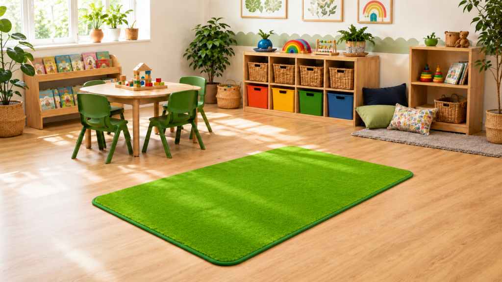 Green kids rug in a classroom