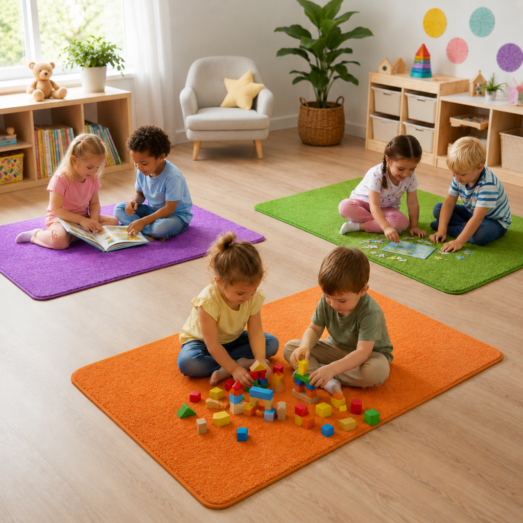 Nursery children playing group activities on childrens rugs