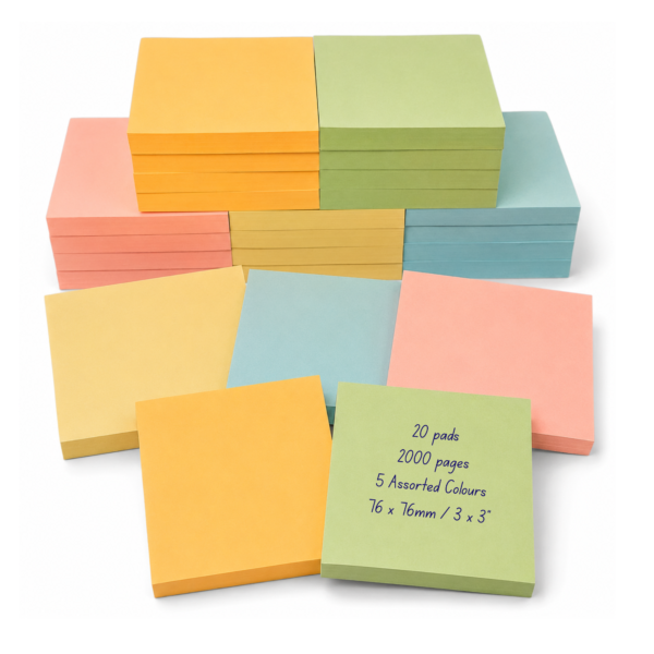 sticky notes 20 pack assorted colours 76x76mm